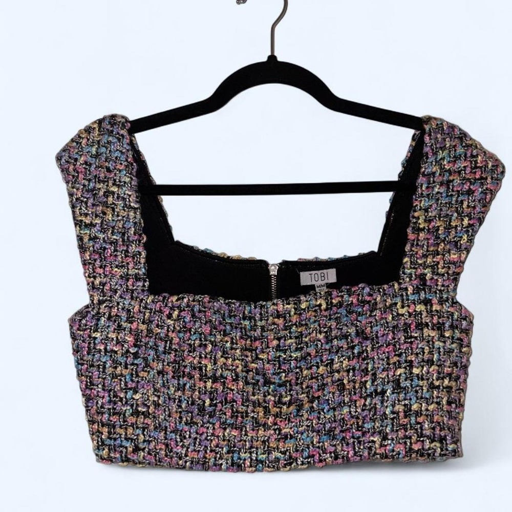 Tobi multicolored tweed crop top with black velvet trim, size M #square neck